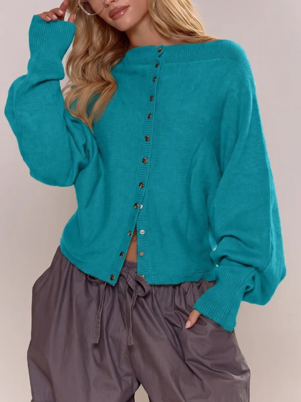 Blue Green Casual Women's Boat Neck Baggy Batwing Popper Front Cardigan